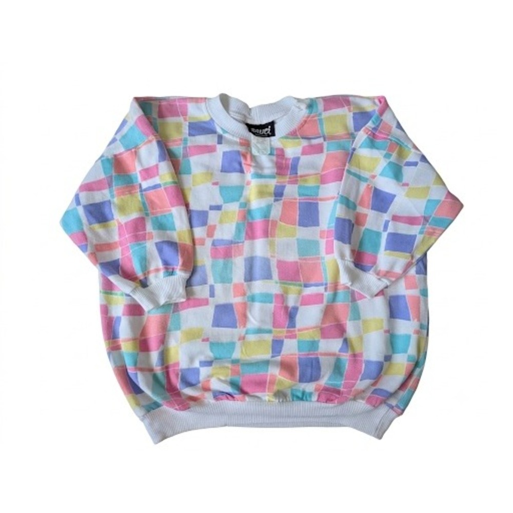 Vintage Sauci California Pastel Geometric Grid Crewneck Sweatshirt Pink Blue S
